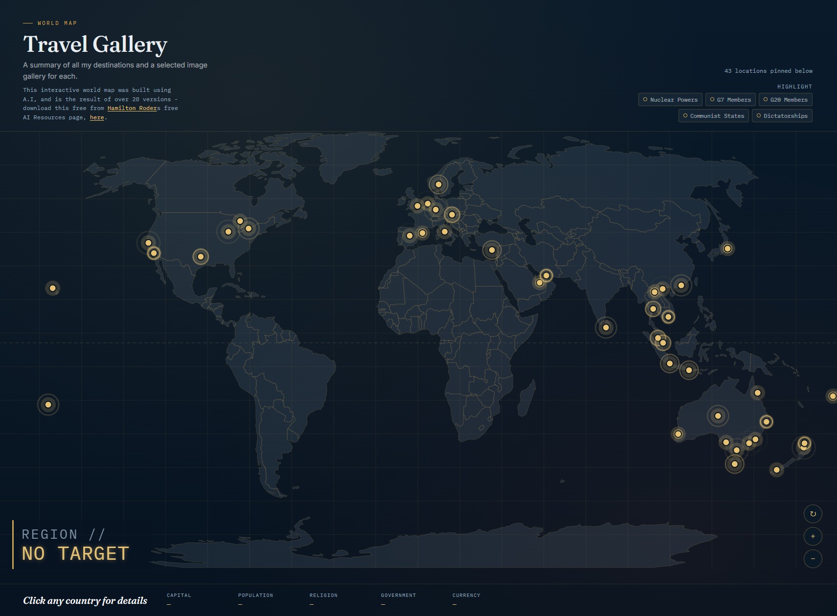 Interactive world map preview, showing travel pulse markers across every continent